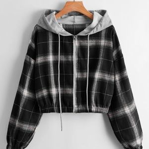 Zip Up Plaid Hooded Cropped Jacket